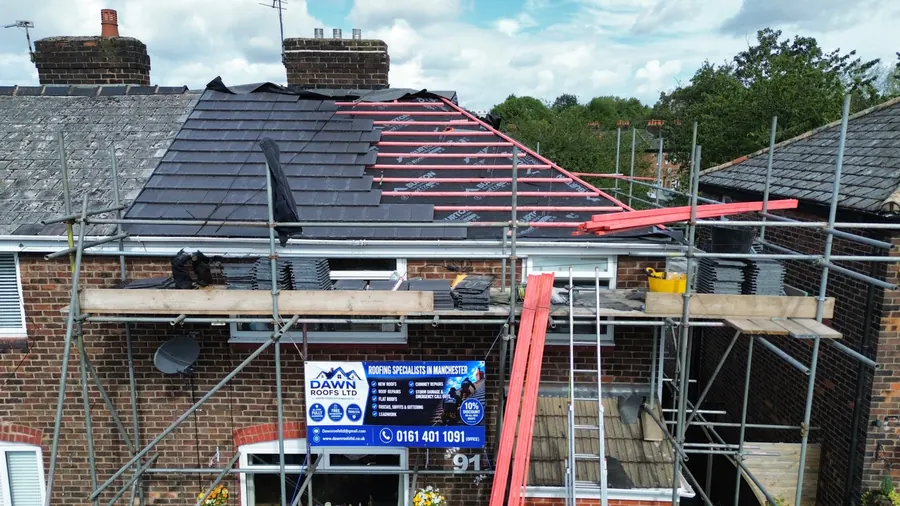 Drone view of a semi re-roof with the Dawn Roofs banner, Dawn Roofs Ltd