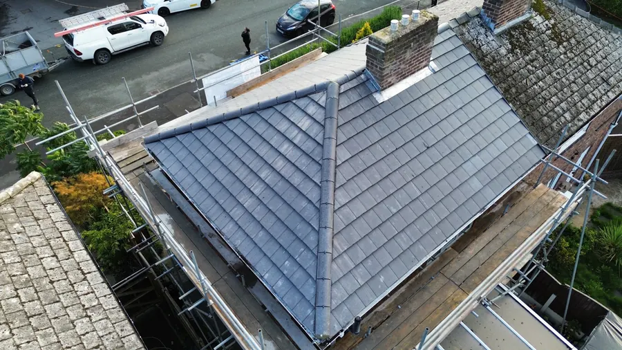 Drone view of a new slate hip roof, Dawn Roofs Ltd