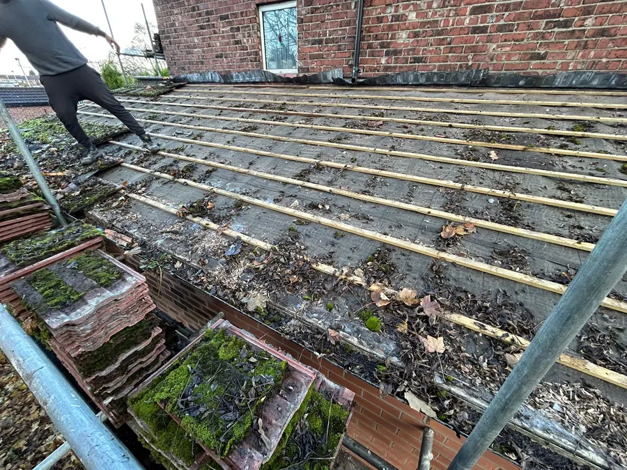 Mossy old tiles being stripped from the battens, Dawn Roofs Ltd